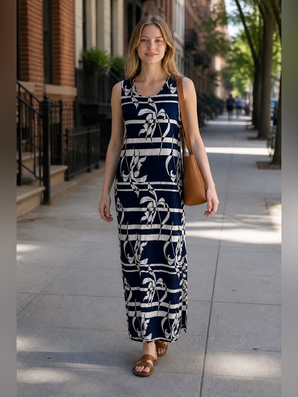 Chico's Navy and White Sleeveless Floral Stripe Maxi Dress